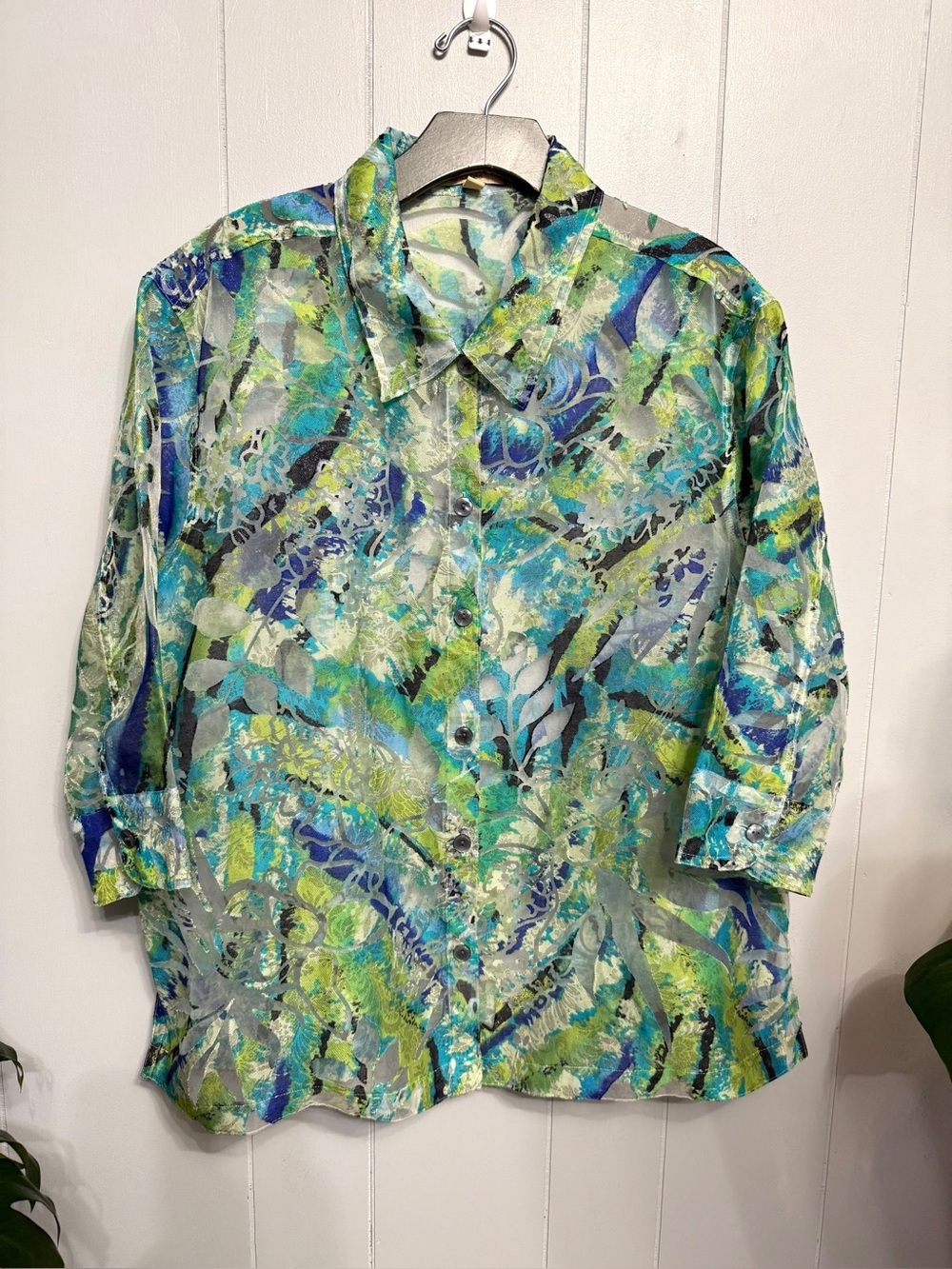 #18)  Choices  Sheer Button-Up Shirt in Blue and Green with Gold Sparkles